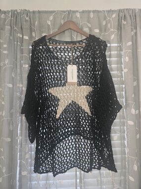 Charisma Black Open-Knit Swim Coverup with Gold Star